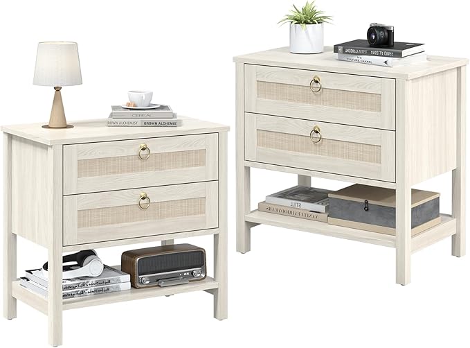 Wooden Nightstand Set of 2, Boho Side Tables with 2 Woven Rattan Drawers and Storage Shelf, Bedside Tables for Bedroom, or Home Office