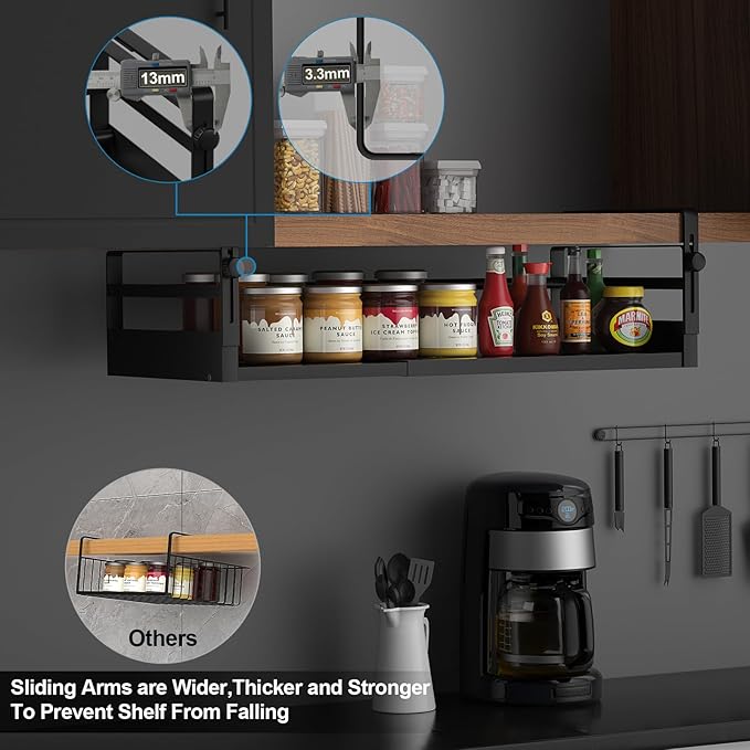 2Pack Under Shelf Basket Organizer, Adjustable Under Cabinet Shelf Storage, Hanging Holder Length Stretchable 13-21Inch for Kitchen Pantry Desk Counter Bookshelf Cupboard (Black)