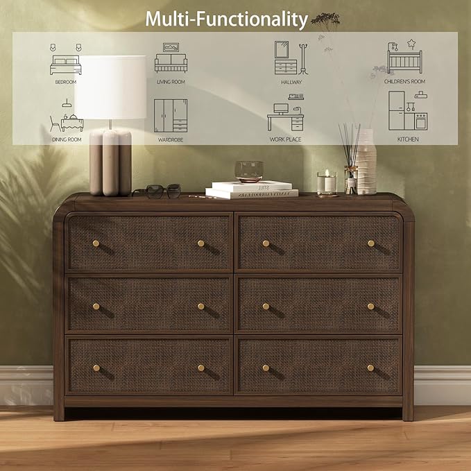Oak&Sparrow 6 Drawer Dresser for Bedroom, 49'' Rattan Dresser with Ample Storage, Boho Chest of Drawers, Thickened Curved Profile Design, Dark Walnut Dressers for Bedroom, Living Room