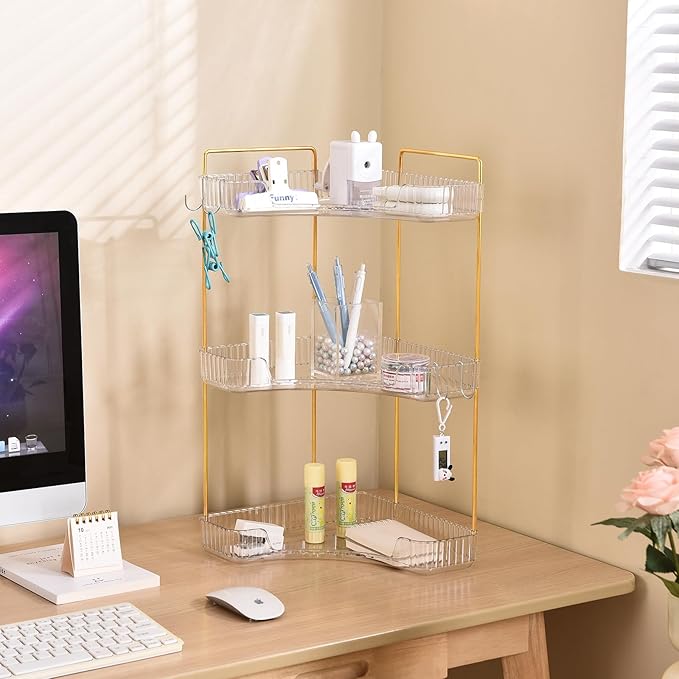 3 Tier Plastic Bathroom Sink Organizer with Hooks, Corner Bathroom Counter Organizer Makeup Storage Vanity Tray for Countertop (White Gold)