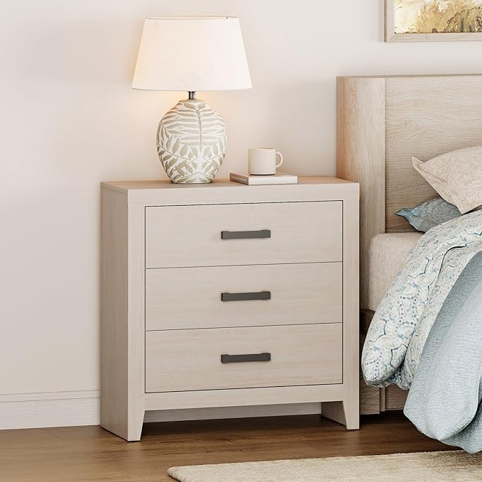 WAMPAT Farmhouse 3 Drawer Nightstand Set of 2, Large Wood Bedside Tables, 32" Wide End Tables with Storage for Living Room, Bedroom, Hallway, Beige