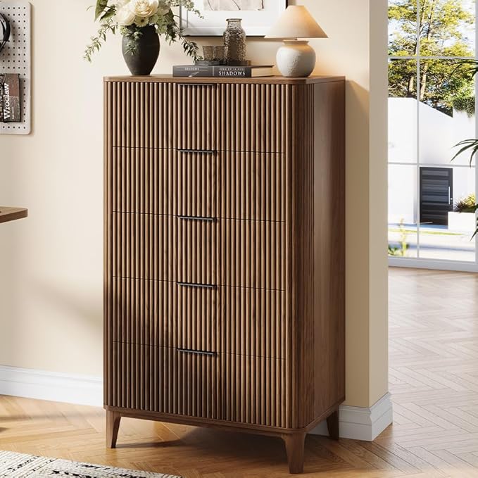Fluted Dresser for Bedroom with 5 Drawers Set of 2, 45" Large Closet Clothes Wood Tall Dresser Storage Organizer, Mid Century Modern Chest of Drawers with Deep Storage Walnut