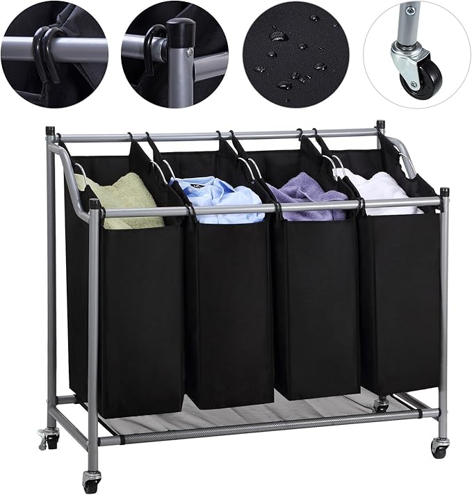 Laundry Sorter Cart 4-Bag Classics Rolling Laundry Hamper, Sturdy Frame with 60KG Weight Capacity, Black