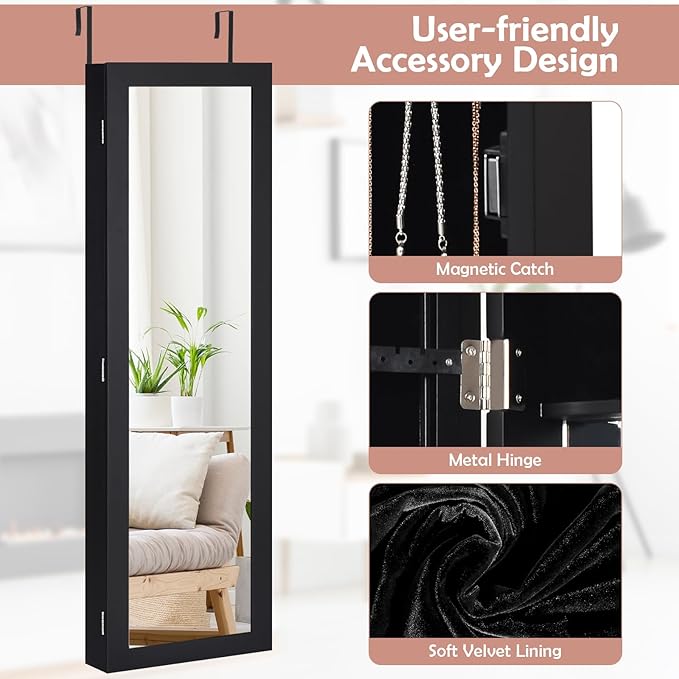 HAPPYGRILL Wall Mounted Jewelry Cabinet with Full Length Mirror, Over The Door Jewelry Organizer w/Built-in Makeup Mirror, Storage Shelves, Door Mounted Jewelry Armoire for Women, Girls (Black)