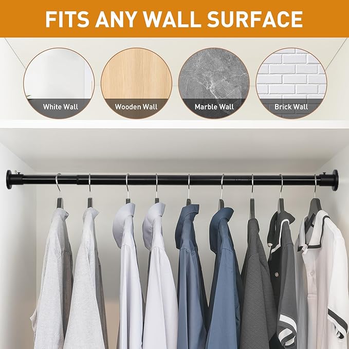 Black Adjustable Closet Rod 18-48 Inches, Heavy Duty Metal Clothes Hanging Rod, Rust-Proof Non-Slip Wardrobe Bar for Closet, Laundry Room, RV