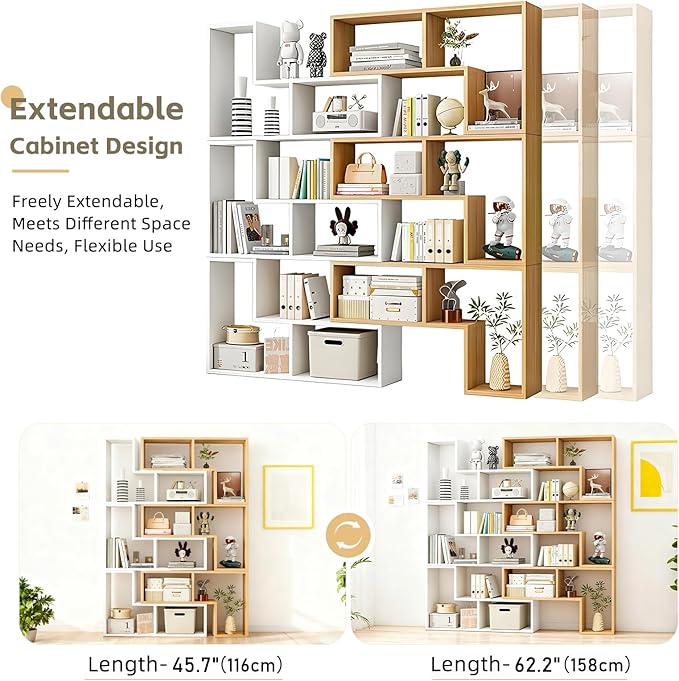 Expandable Bookcase with Adjustable Width,Wooden Room Divider Bookshelf,Standing Display Storage Organizer for Living Room,Study Room or Home Office