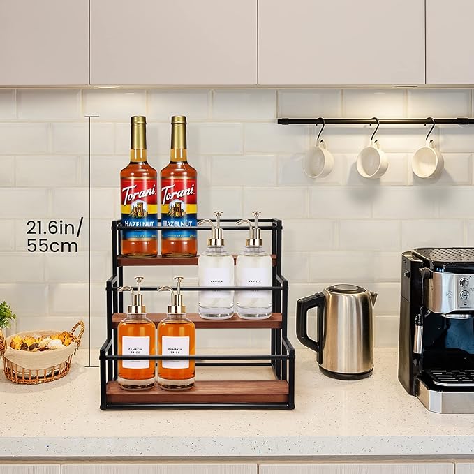 THYGIFTREE Coffee Syrup Rack Organizer 3-Tier 12 Syrup Bottles Holder Stand for Coffee Bar Station Storage Shelves for Syrup, Wine, Dressing for Kitchen