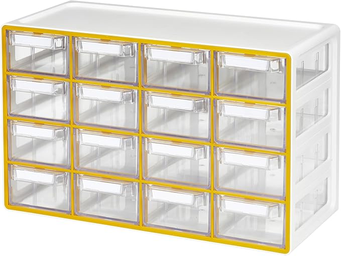 Blue Ginkgo Medium 16-Drawer Cabinet – Stackable Clear Organizer for Hardware, Beads, Plastic Bricks, Office, and Craft Storage (Made in Korea, Yellow)