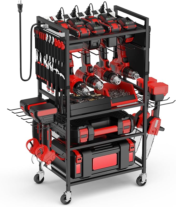JUNNUJ Garage Large Power Tool Organizer Cart with 20A Charing Station, Heavy Duty Drill and Tools Battery Holder Storage Rack, Floor Standing Rolling Tool Cart on Wheels, Black