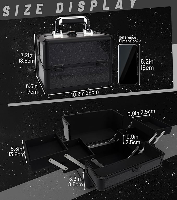Large Makeup Train Case Cosmetic Organizer Case Makeup Box Portable Make Up Artist Travel Case with 4 Trays with Dividers Lockable Hard Train Case Nail Tech Supply Storage - Starry Black