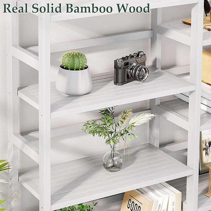 Homykic Bamboo Triple Wide Bookshelves and Bookcases, 6-Tier Shallow Open Bookcase with 17 Display Shelves, 6ft Super Large Freestanding Book Shelf for Home Office, Bedroom, Living Room, Pure White