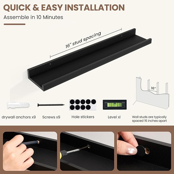 Fun Memories Picture Ledge Shelf, Black Floating Shelves Set of 4, 24 Inch Picture Shelves for Wall with Ledge, Large Nursery Book Shelf for Toys Storage, Living Room, Bedroom Decor Frames