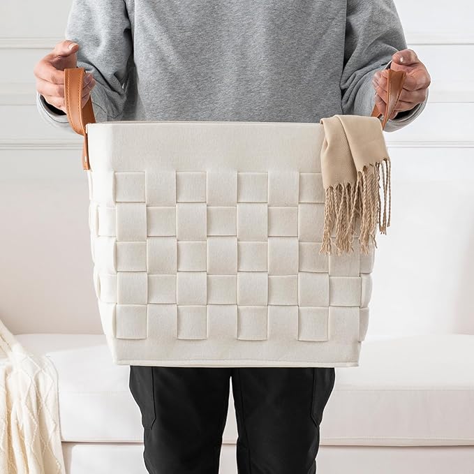boldmonkey Storage Basket 3 Pack, 13" x13" x13 Large Blanket Baskets with Leather Handle, Cube Felt Fabric Storage Box for Shelves, Bedroom, Nursery, Living Room - Beige