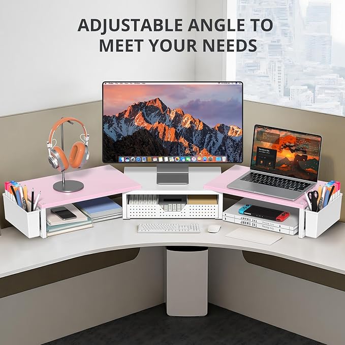 OPNICE Wood Desk Organizers and Accessories, Dual Monitor Stand Riser with Drawer and 2 Pen Holders, Desk Shelf Computer Racks for Office Workspace Organizers, Desktop Organization (Pink＆ White)