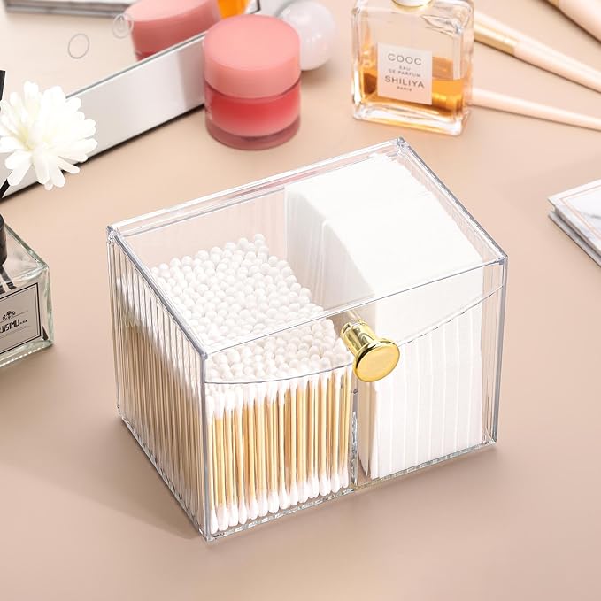 Tbestmax Qtip Holder Dispenser 2-Section Clear Bathroom Organizer 2 Grids Cotton Swab/Pad/Ball Holder Container Cosmetics Storage for Vanity