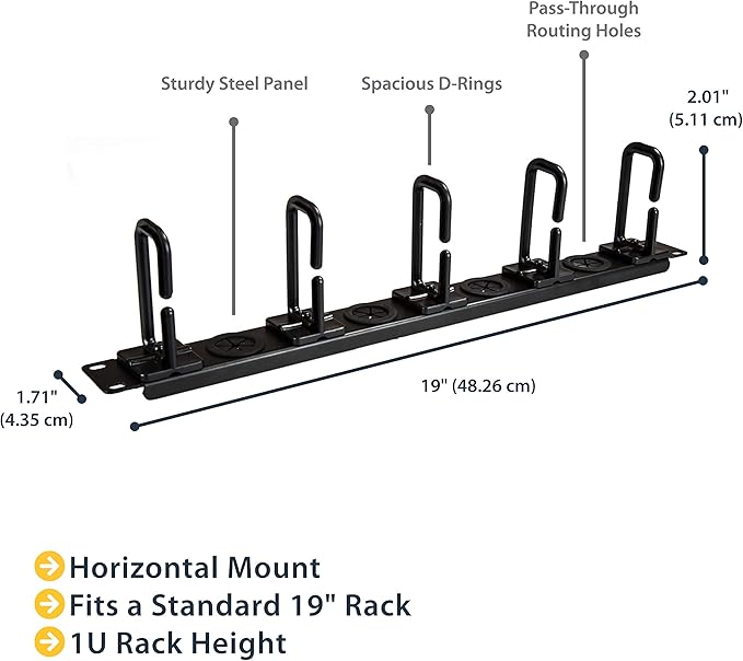 StarTech.com 1U 19" Cable Management Organizer - D Ring Hook Network/Server Rack Cord Manager - Data Center Horizontal Wire Panel with Passthrough Holes w/Mounting HW - EIA/ECA-310-E (CABLMANAGERH)