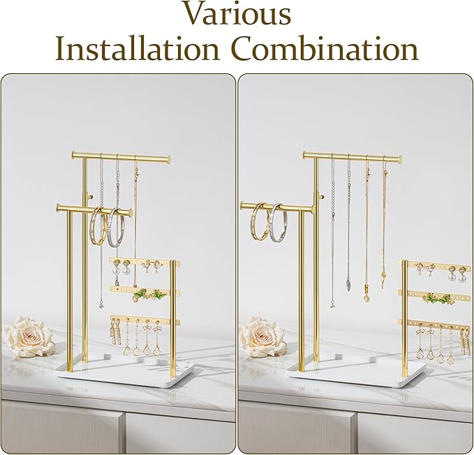 Jewelry Holder Organizer Stand - Adjustable Tall 17.5" (Max), Gift for Women, Mirrored Gold Jewelry Hanger for Necklaces, Earrings, Bracelets, Rings