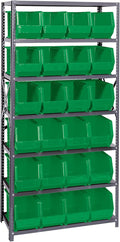 Quantum Storage Systems QSBU-265GN Giant Open Hopper Steel Shelving System, 18" D x 36" W x 75" H, with 7 Shelves and 24 QUS265 Bins, Green