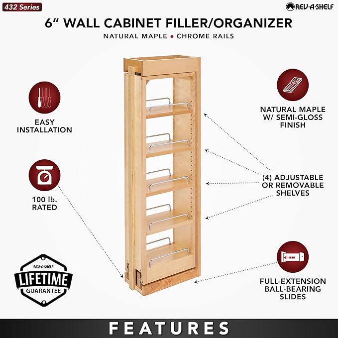 Rev-A-Shelf 6" W x 36" H Pull Out Quad Shelf Organizer for Wall & Base Kitchen Cabinets, Full Extension Filler Spice Rack, Adjustable, Wood, 432-WF36-6C