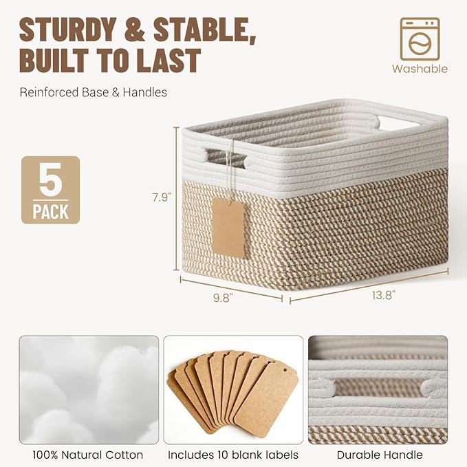 5 Pack Woven Storage Baskets for Shelves, Decorative Basket Organizer Storage Bins for Toys, Books, Clothes, Closet, Nursery, Bathroom – Cotton Rope Shelf Baskets for Organizing, Khaki & White
