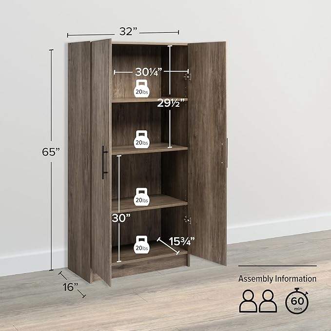 Prepac Elite Tall Garage Storage Cabinet & Pantry Storage Cupboard, 2-Door Freestanding Bathroom or Pantry Cabinet with Adjustable Shelves, 16" D x 32" W x 65" H, Drifted Gray
