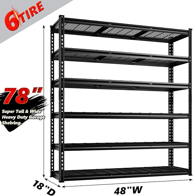 REIBII 3300LBS Garage Shelving 78" H Storage Shelves Heavy Duty 6-Tier Adjustable Matel Shelving Easy Assembly Storage Shelf for Garage Basement Warehouse Pantry, 48" W X 18" D X 78" H