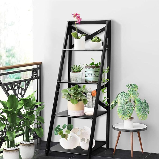 Tangkula 4-Tier Ladder Shelf Bookcase Leaning Free Standing Wooden Frame Decor Bookshelf Storage Flower Shelf Plant Display Shelf for Home Office (1, Black)