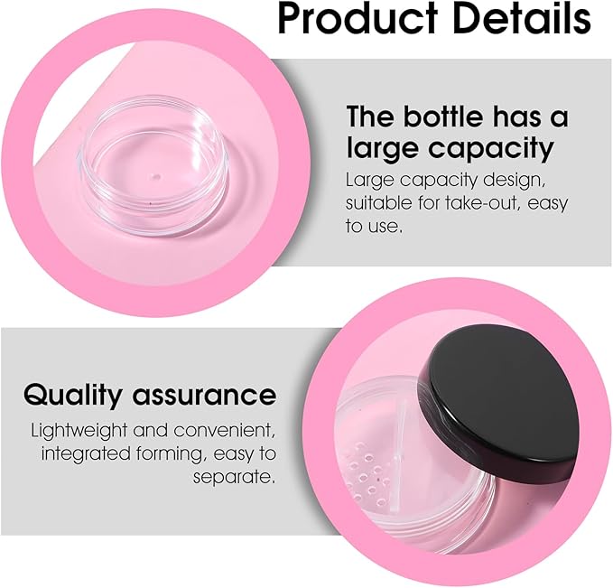 6pcs 10ml/0.34oz Refillable Loose Powder Containers Plastic Empty Travel Small Loose Powder Compact Reusable No Leak Compact with Rotatable Sifter And Black Screw Lid