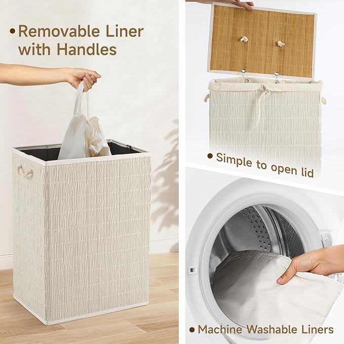 Laundry Hamper with Lid, 52.8 Gallon(200L) Large Laundry Basket 2 Removable Liner Bags, Synthetic Rattan Clothes Hamper with Side Pocket, laundry organization for bathroom, laundry room, White