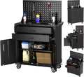 SUXXAN Black Tool Cart with Pegboard and 4 Hooks,Garage Storage Cabinet on Wheels with 2 Drawer,Industrial Service Utility Tool Cart for Mechanics, Garage, Workshop