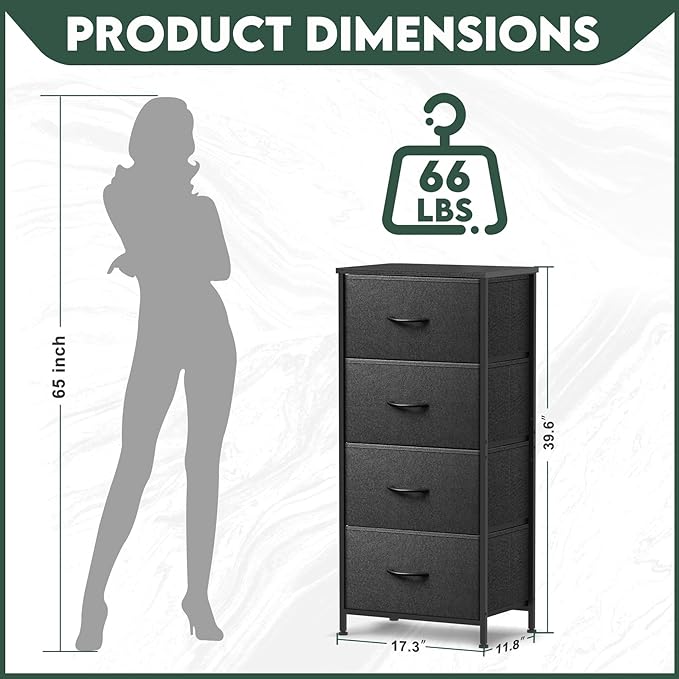 4 Fabric Drawer Dresser for Bedroom, Chest of Drawers with Waterproof Wood Top Tall Dresser for Hallway, Living Room, Kid Room (Charcoal Black)