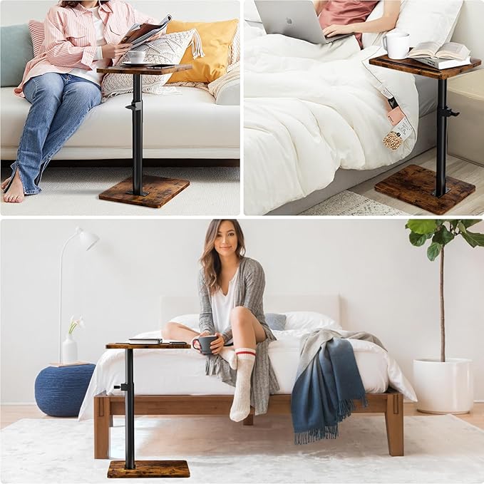 Sofa Armrest Tray Table for Couch - 360° Swivel Height Adjustable End for Small Spaces, Snack Side Table for Bed or Chair with Phone & Tablet Slot (Rustic,Standard)