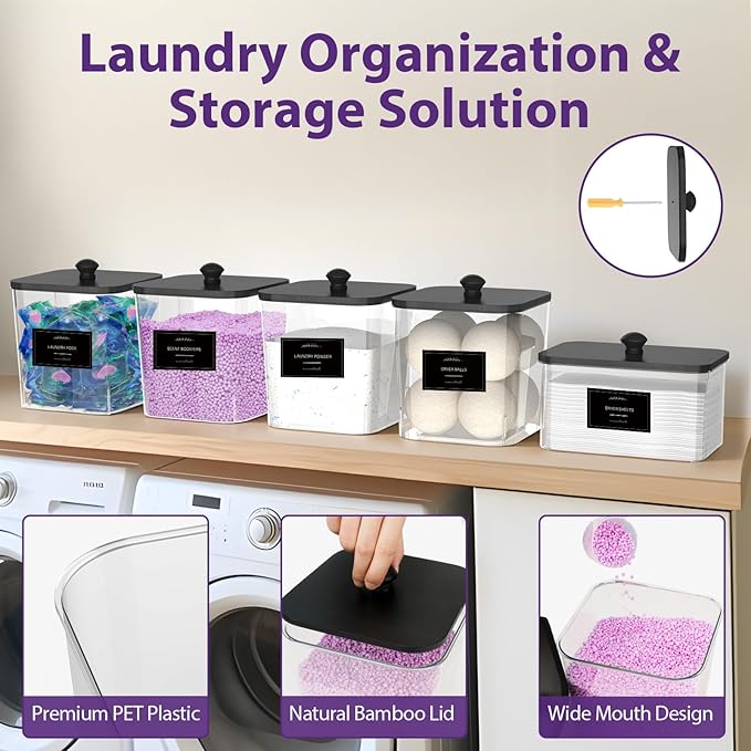 4+1 Pack Clear Laundry Pods Container & Dryer Sheet Holder, Plastic Square Laundry Room Organization and Storage Jars with Black Lids, Scoops & Labels for Detergent, Powder, Dryer Balls