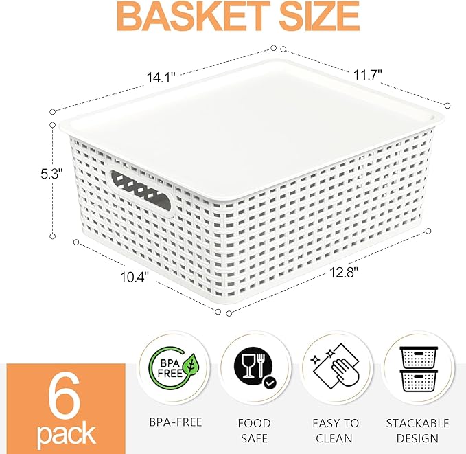 Wekioger Plastic Woven Baskets with Lids, Large White Storage Basket, Set of 6