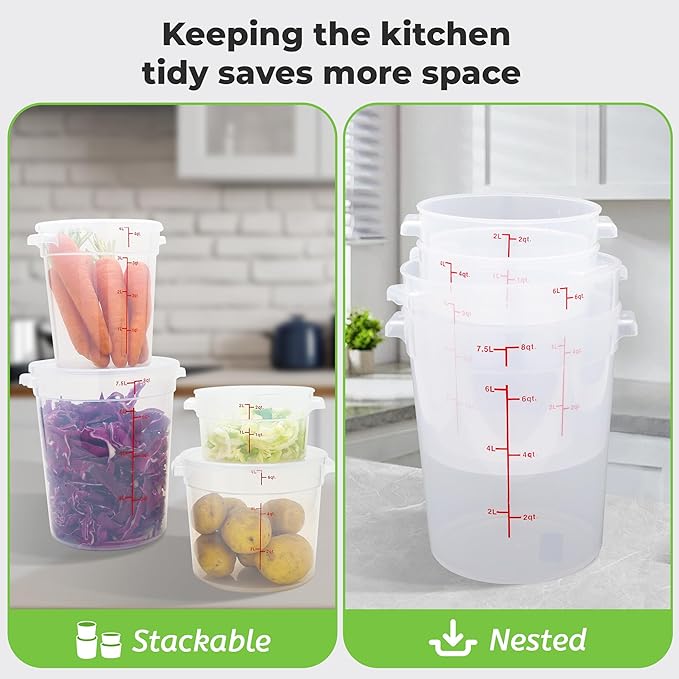4 Pack Round Food Storage Containers with Lids, 6Qt Translucent Commercial Food Container, Polypropylene, BPA Free, Includes Labels & Measuring Cups