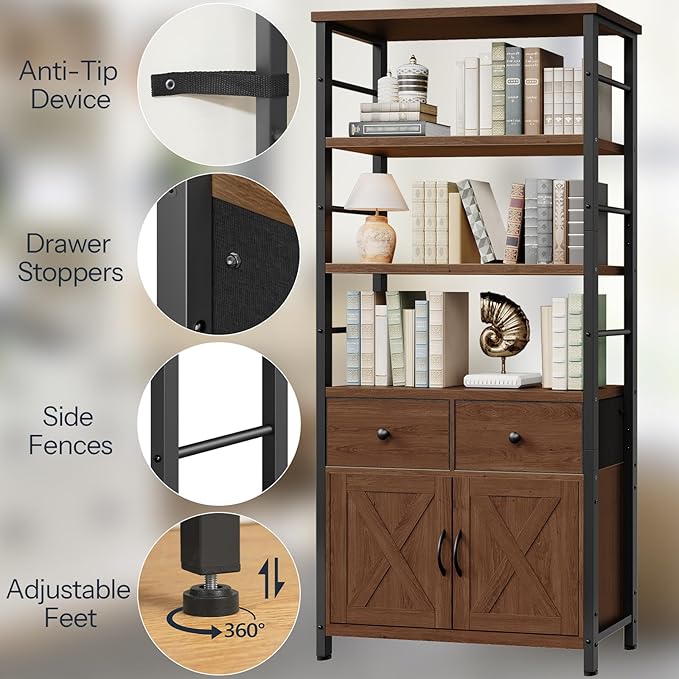 HOOBRO Bookshelf with Doors, Rustic Bookshelf with Drawers, Industrial Display Standing Shelf Units, Wooden and Metal Storage Shelf for Living Room, Home Office, Dining Room, Walnut and Black BH75SJ01