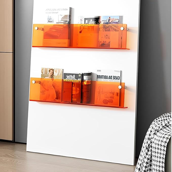 ROYALITA 2-Pack Acrylic Magazine Holder Brochure Holder, 24" Record Holder Magazine Rack, Fashion Hanging Bookshelf Literature Storage Rack for Waiting Room, Living Room, Office, Orange 24 Inch