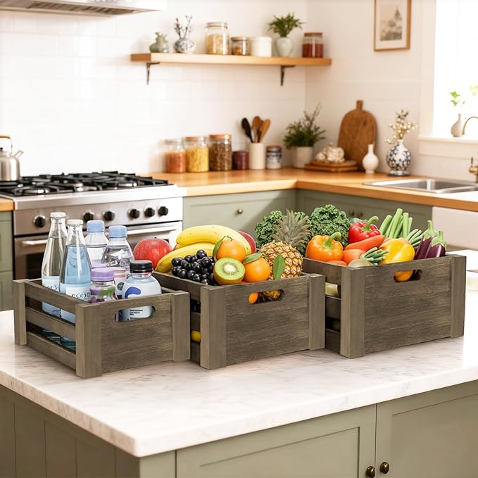 Lawei Set of 3 Wood Nesting Storage Crates with Handle, Rustic Farmhouse Decorative Wooden Crates Distressed Crates Storage Container for Display, Large Vintage Wood Decor Crates Wooden Baskets
