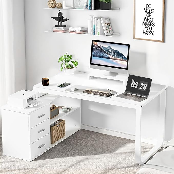 55 Inch Reversible L Shaped Desk with 3 Drawers, White Craft Desk with Storage, Corner Computer Escritorio with Shelves and Monitor Stand for Bedroom, White