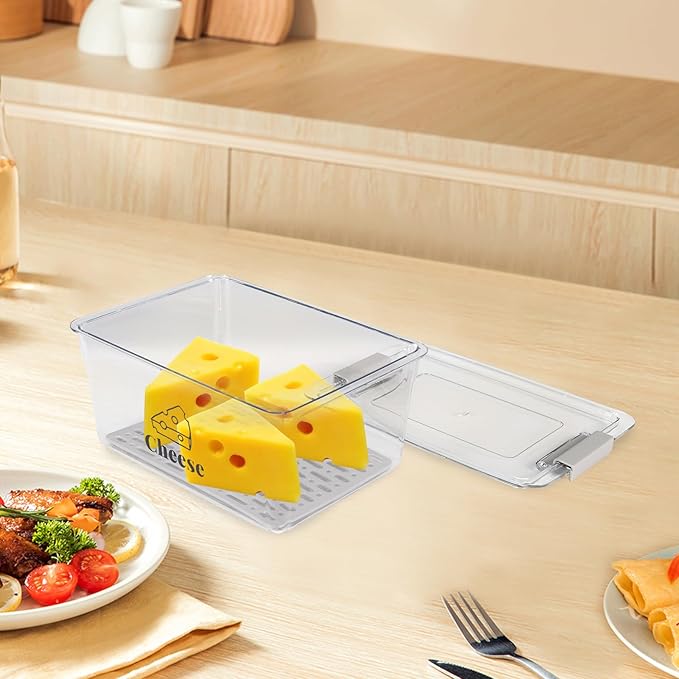 Cheese Container Airtight with Draining Basket Cream Cheese Sliced Cheeses Box with Lid Saver for Fridge Cheeses Keeper Cream Block Shredded Storage Box Saver (Clear)