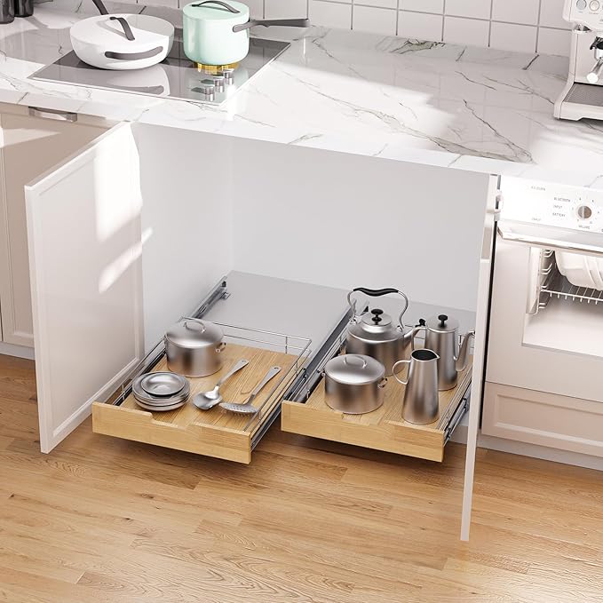 Pull Out Cabinet Organizer,Heavy-Duty Slide Out Shelf, Wood And Wire Basket, Pull Out Drawer for for Kitchen Under Sink Space, Pantry, Bathroom (23 * 21 WM)