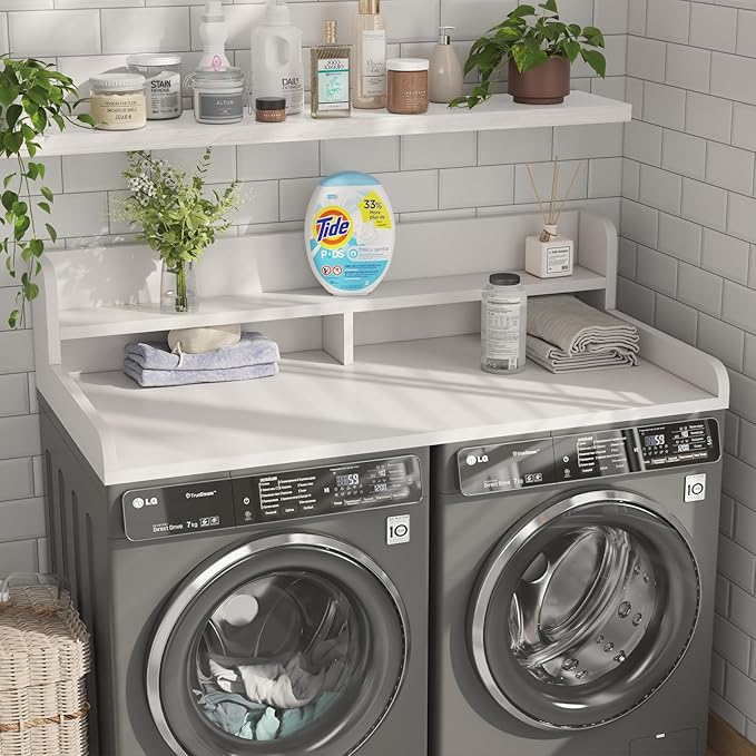 2-Tier Washer Dryer Countertop with 2.75"H Edge Rails, 54" W x 27.55" D Laundry Countertop for Folding Clothes, Washer and Dryer Topper with Non-Slip Pad (White)