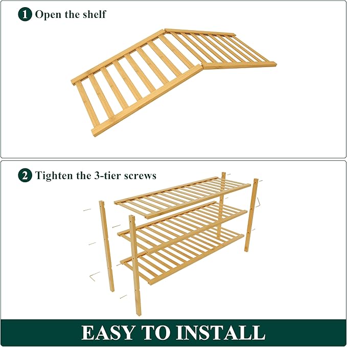 Smiry Bamboo Shoe Rack for Closet, 3 Tier Long Wooden Stackable Shoe Organizer, Free Standing Shoes Storage Shelf for Entryway, Front Door Entrance, Natural