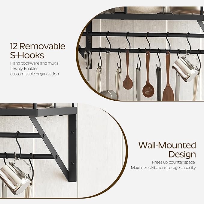 Wall Mounted Pot Rack, 23.8 Inch Pot and Pan Organizer with 2 Tier Hanging Rails, 12 S-Hooks, Metal Pot Rack for Kitchen Cookware Organizer, Space Saving, for Kitchen Utensils, Black PR01BK