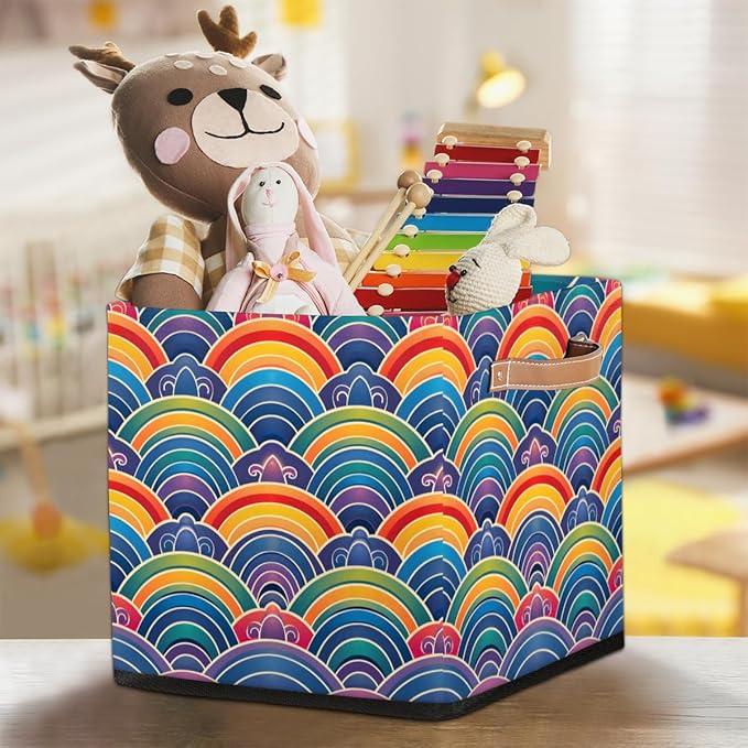 TropicalLife 13x13x13 Inch Large Fabric Storage Cube Vintage Rainbow Flowers Foldable Storage Bin with Handles Organizer Boxes Cube Basket for Shelves Organizing Closet