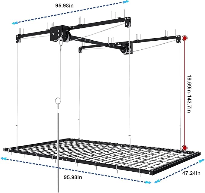 4x8 FT Overhead Garage Storage Rack - 325LBS Heavy-Duty All-Steel Construction | Crank-Down System for High Ceilings 10-12 FT | Manual Safety Lock & Secure Ceiling Installation