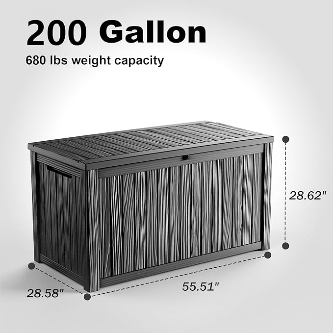 200 Gallon Large Deck Box,Resin Outdoor Storage Box with Lockable for Patio Furniture, Pool Accessories, Garden Tools Waterproof Outside Storage Box, Black