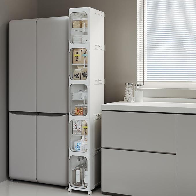 5-Tier Tall Narrow Storage Cabinet, Slim Bathroom Storage Cabinet with Adjustable Shelves and Wheels, Narrow Organizer for Small Space, Bathroom, Kitchen, Laundry