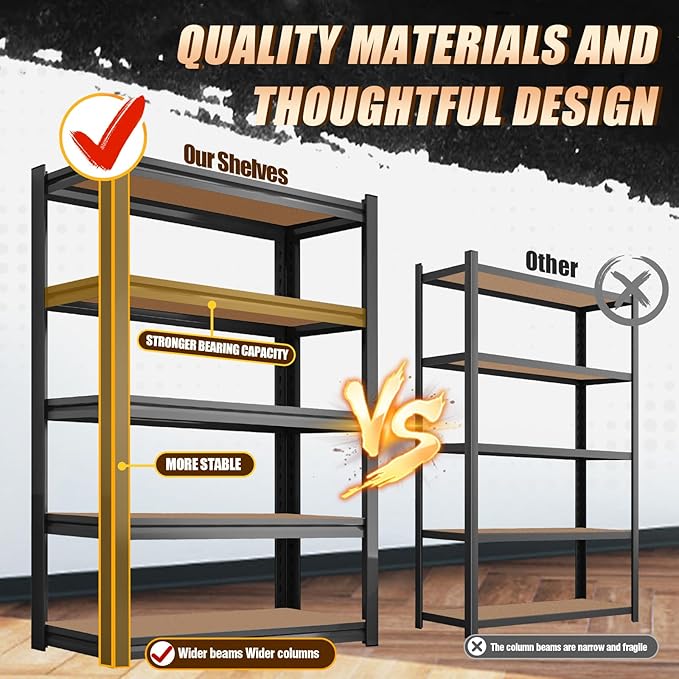 2 Pack Garage Shelving Heavy Duty Storage Shelves 3000LBS Adjustable Garage Shelves 5 Tier Metal Shelving Unit Utility Rack Shelf for Storage Kitchen Warehouse Pantry, 72 "H x 45.7 "W x 20" D