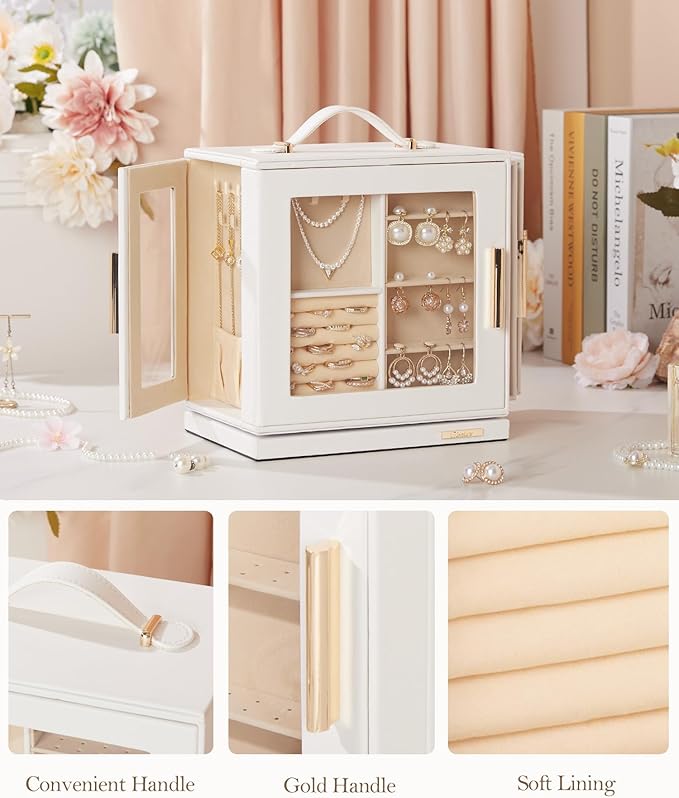 Homde Christmas Gifts Jewelry Box 360° Rotating, Necklace Earring Organizer with Transparent Window, Mirror, 7 Drawers, Large Ring Display Storage Case for Girls Women (White)